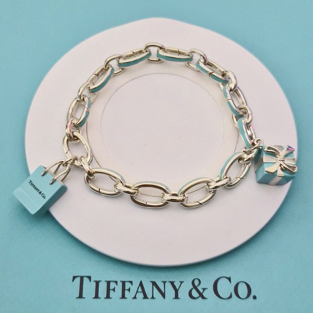 RARE Tiffany & Co Blue Enamel Clasping Oval Link Silver Bracelet w/ Charms
